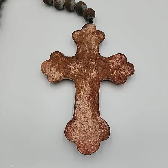 Very Large Old Rosary, Souvenir de Liesse Pottery Stoneware Heavy 56 Length